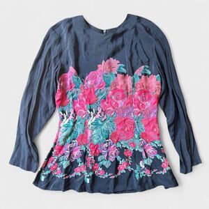 Vintage Carole Little Petites Blouse Floral Print Black Pink Boho Art Zip